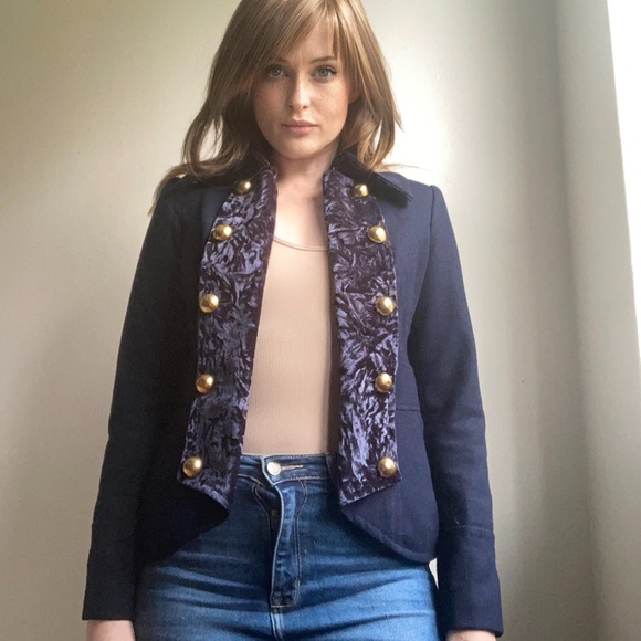 Navy Wool/Velvet Jacket, Extra Small, Guess - Picture 5 of 12